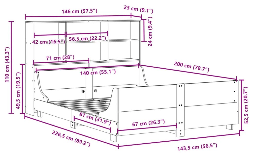 ΚΡΕΒΑΤΙ ΒΙΒΛΙΟΘΗΚΗ ΧΩΡΙΣ ΣΤΡΩΜΑ ΚΑΦΕ 140X200 ΕΚ ΜΑΣΙΦ ΠΕΥΚΟ 3323808