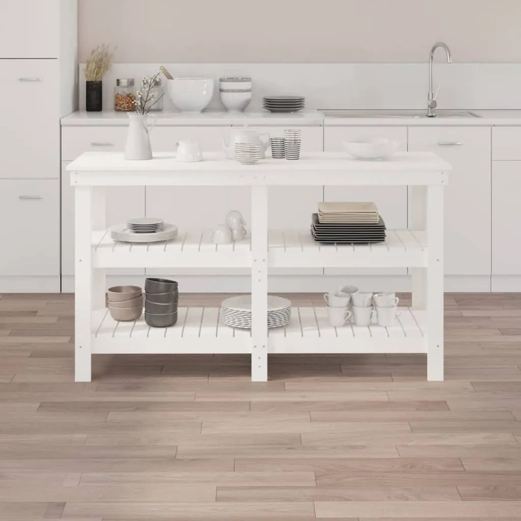 vidaXL Πάγκος Εργασίας Λευκός 142,5x50x80 εκ. από Μασίφ Ξύλο Πεύκου