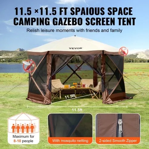 VEVOR Pop Up Gazebo Tent Pop-Up Screen Tent 6 Sided Canopy Sun Shelter Brown
