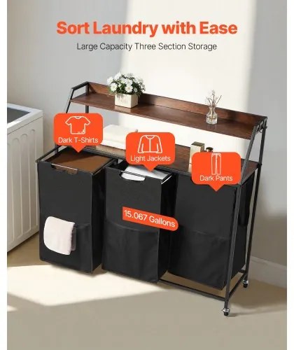 VEVOR 2 Tiers Laundry Sorter Tall Laundry Hamper with Wheels and Hooks 3 Section