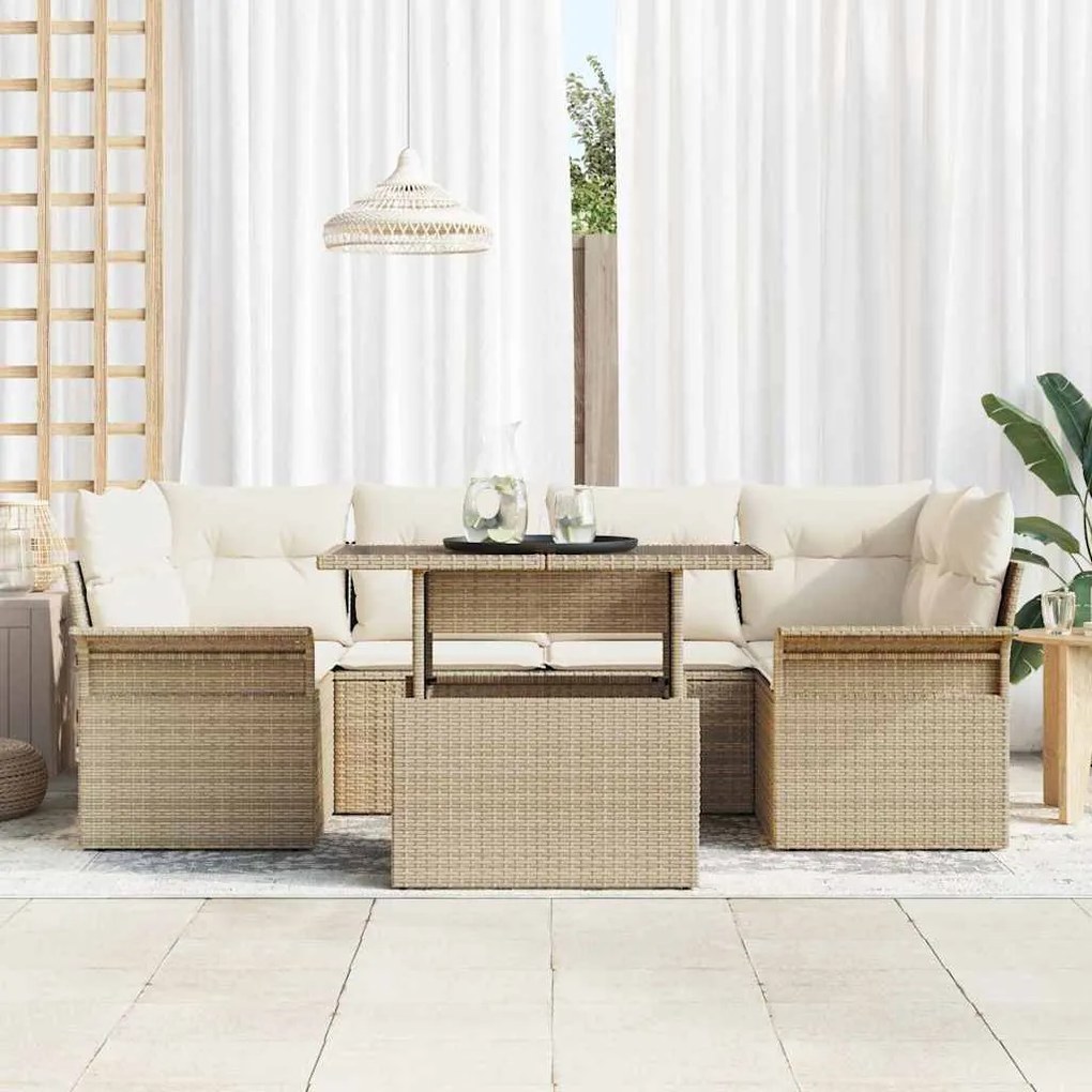 vidaXL Σετ Καναπέ Κήπου με μαξιλάρι 7 pcs Μπεζ Πολυ ράταν