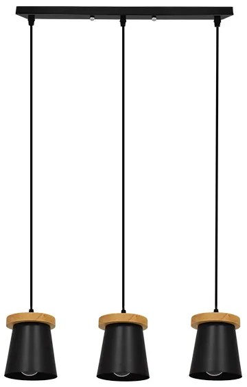 01425 GloboStar®  LANA 01425 Μοντέρνο Κρεμαστό Φωτιστικό Κύλινδρος Τρίφωτο 3 x E27 IP20 Μαύρο Μέταλλο με Καρυδί Ξύλο - Μ60 x Π13 x Υ18cm