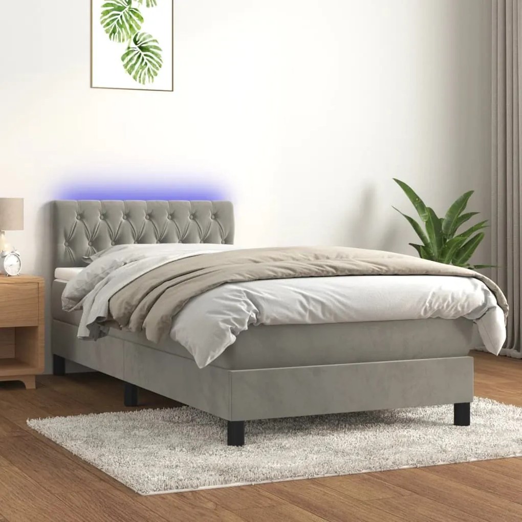 Κρεβάτι Boxspring με Στρώμα &amp; LED Αν.Γκρι 100x200 εκ. Βελούδινο - Γκρι