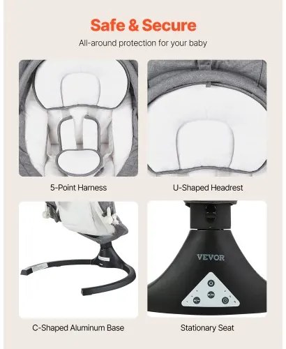 VEVOR Baby Swing for Infants 5 Speeds 3 Seat Positions Remote Control Toy Bar