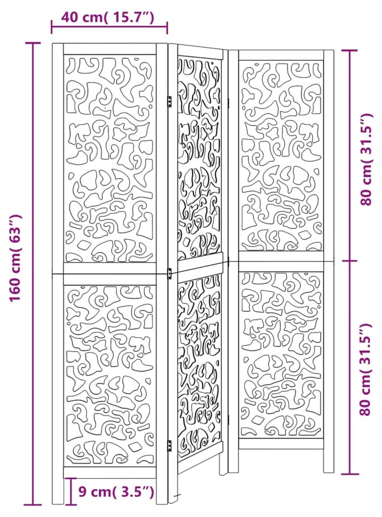 Διαχωριστικό Χώρου με 3 Πάνελ Μαύρο από Μασίφ Ξύλο Παυλώνιας - Μαύρο
