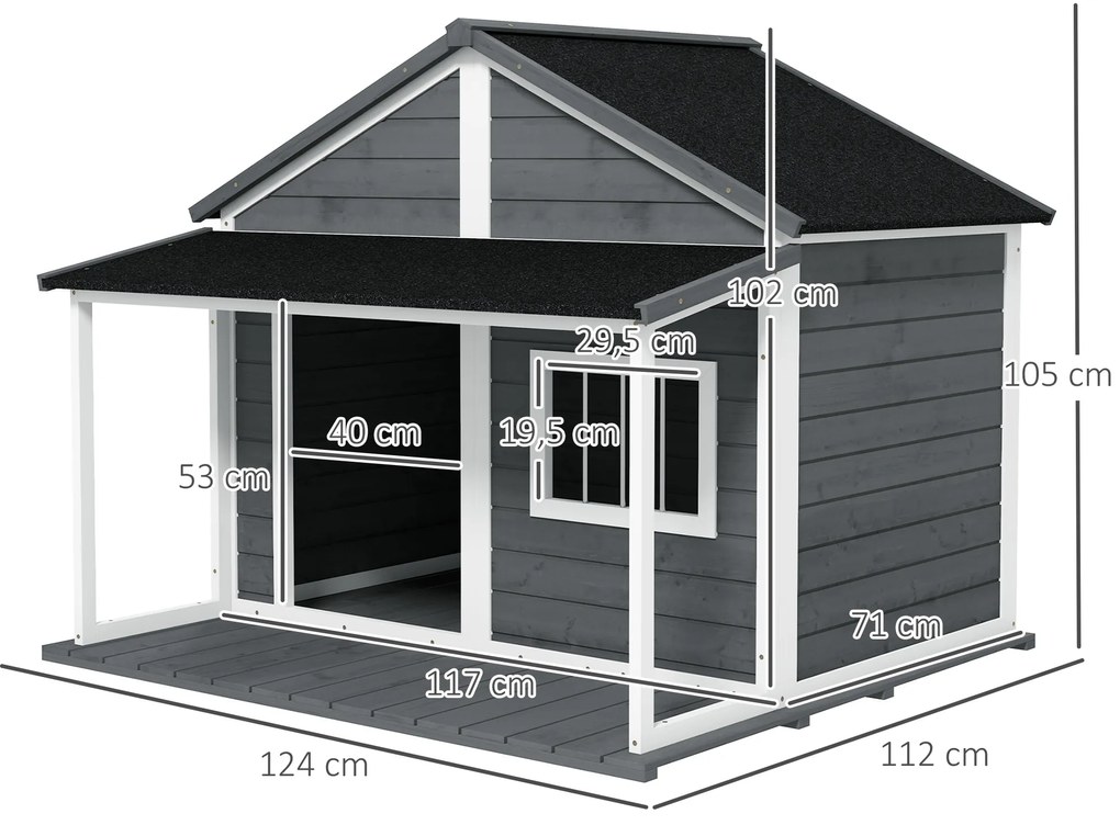 PawHut Σπιτάκι σκύλου εξωτερικού χώρου, με βεράντα, ανθεκτικό στις καιρικές συνθήκες, 124 cm x 112 cm x 105 cm, γκρι + λευκό