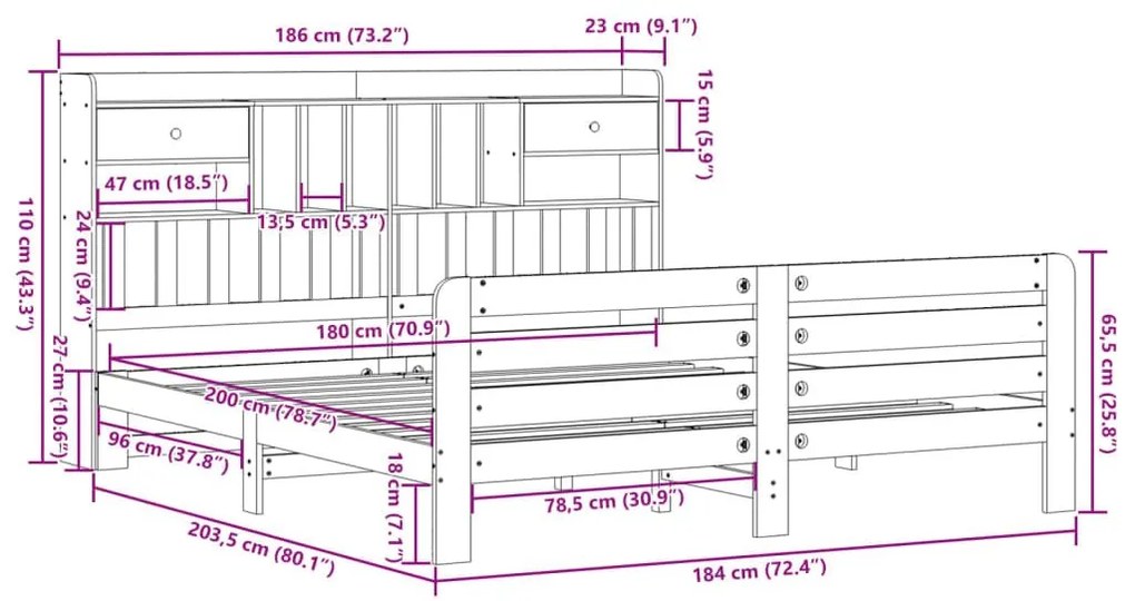 Κρεβάτι Βιβλιοθήκη Χωρίς Στρώμα 180x200 εκ Μασίφ Ξύλο Πεύκου - Λευκό