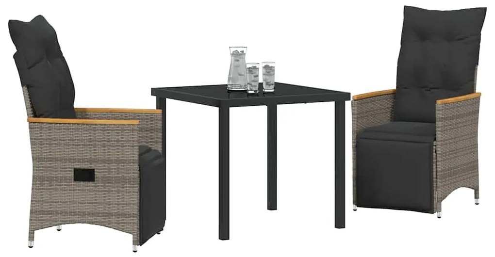vidaXL Σέτ φαγητού για κήπο με μαξιλάρι 3 pcs Γκρι Πολυ ράταν