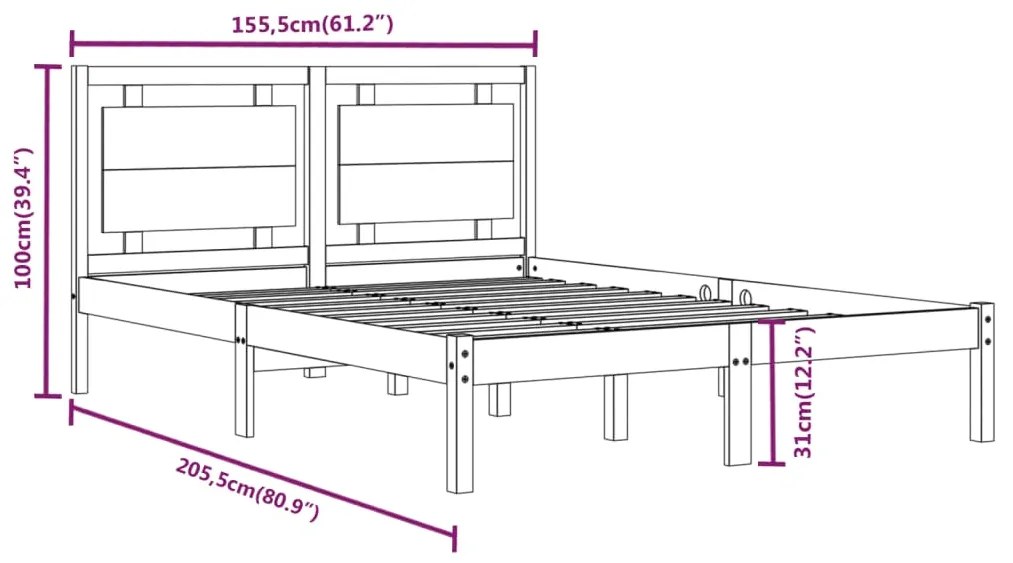 vidaXL Πλαίσιο Κρεβατιού Γκρι 150 x 200 εκ. Μασίφ Ξύλο King Size