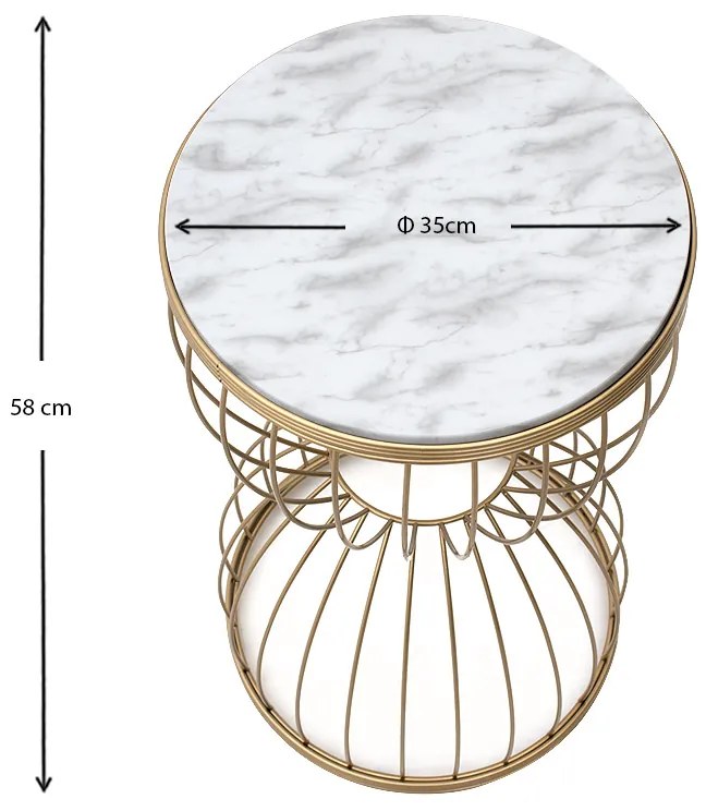 Τραπεζάκι βοηθητικό Pino Megapap μεταλλικό - Mdf χρώμα χρυσό - λευκό εφέ μαρμάρου 35x35x58εκ.