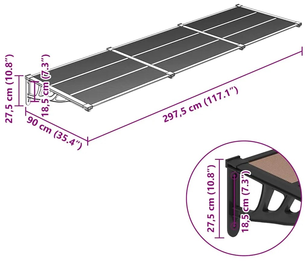 vidaXL Στέγαστρο Πόρτας Μαύρο 297,5x90 εκ. από Πολυκαρβονικό