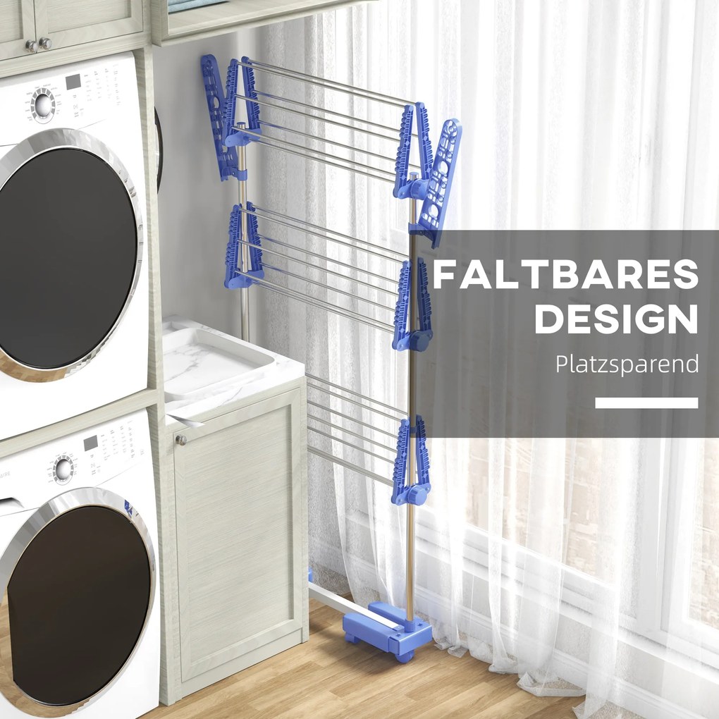 Στεγνωτήριο Ρούχων HOMCOM, 4 Επίπεδα, Πτυσσόμενο, Σύστημα One-Click, 142 εκ. x 55 εκ. x 152 εκ. Μπλε + Ασημί