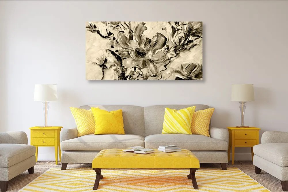 Εικόνα με μοντέρνα ζωγραφισμένα καλοκαιρινά λουλούδια σε σχέδιο σέπια - 100x50