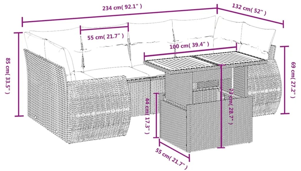 vidaXL Σαλόνι Κήπου Σετ 7 τεμ. Μπεζ Συνθετικό Ρατάν με Μαξιλάρια