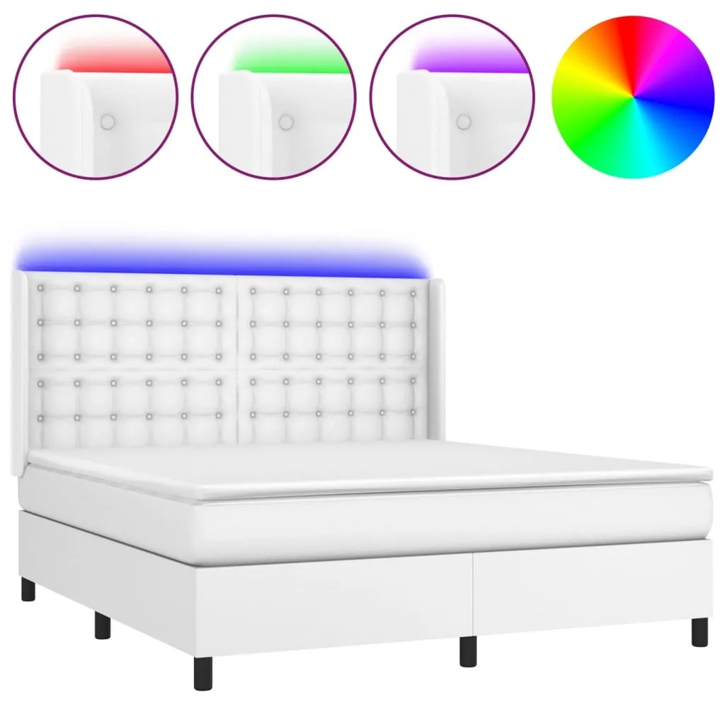 Κρεβάτι Boxspring με Στρώμα &amp; LED Λευκό 180x200 εκ. Συνθ. Δέρμα - Λευκό