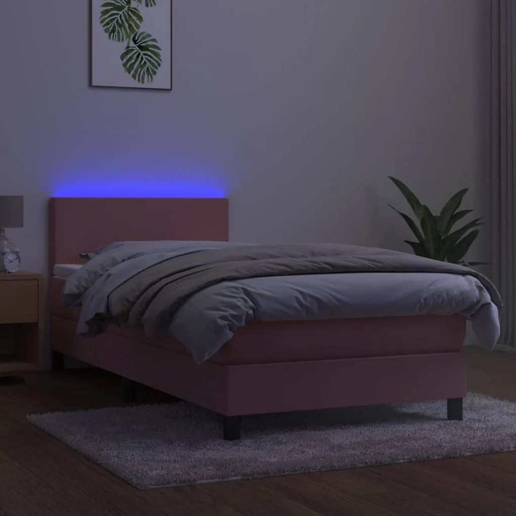 vidaXL Κρεβάτι Boxspring με Στρώμα &amp; LED Ροζ 100x200 εκ. Βελούδινο