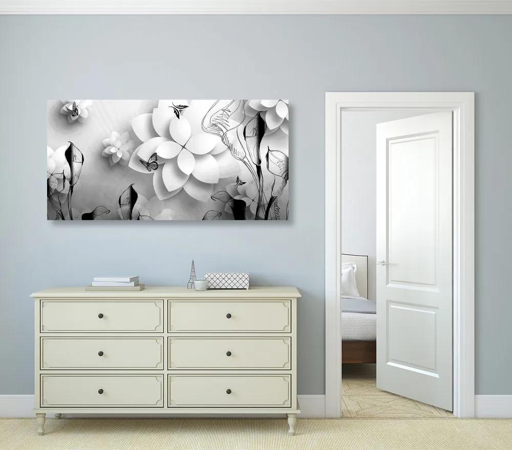 Εικόνα αφηρημένων λουλουδιών σε ασπρόμαυρο σχέδιο - 120x60