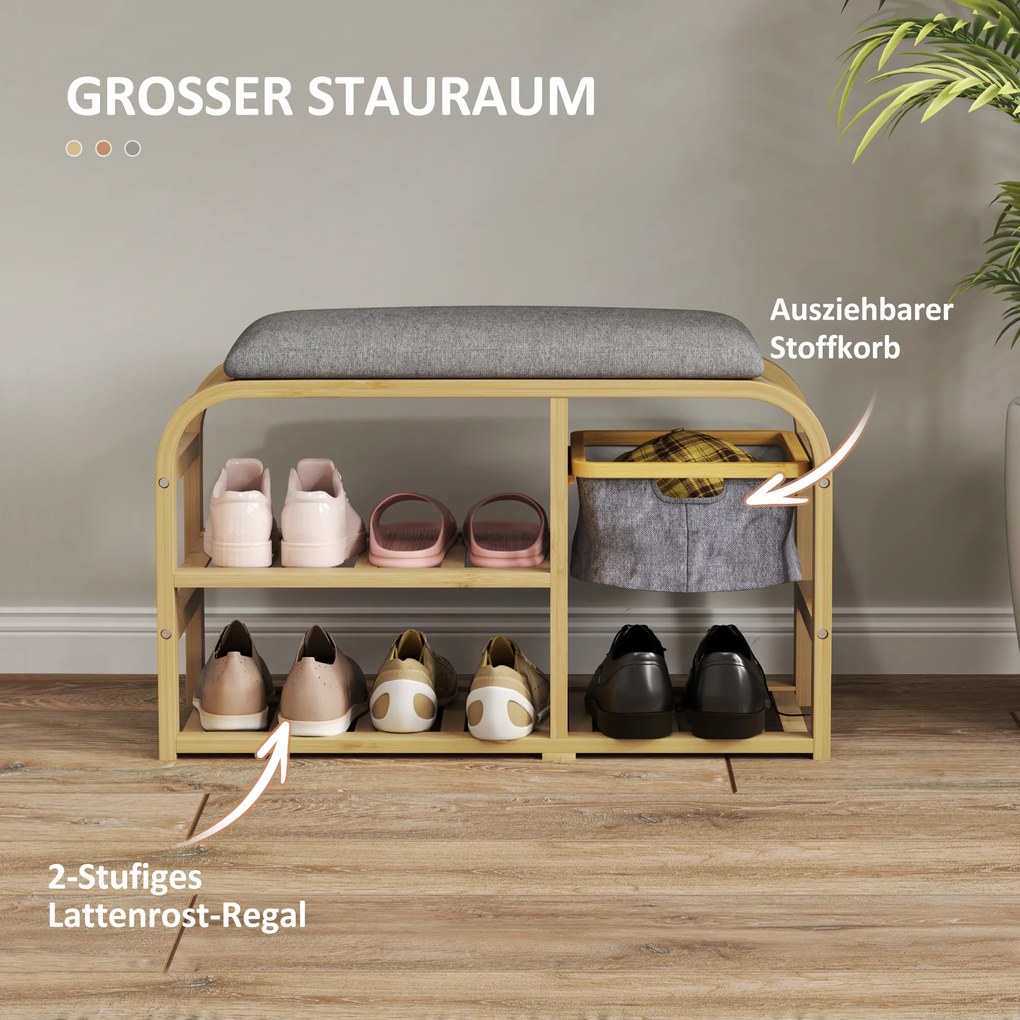 HOMCOM Παπουτσοθήκη με ράφια, παπουτσοθήκη, μπαμπού, ταπετσαρισμένο κάθισμα, Γκρι