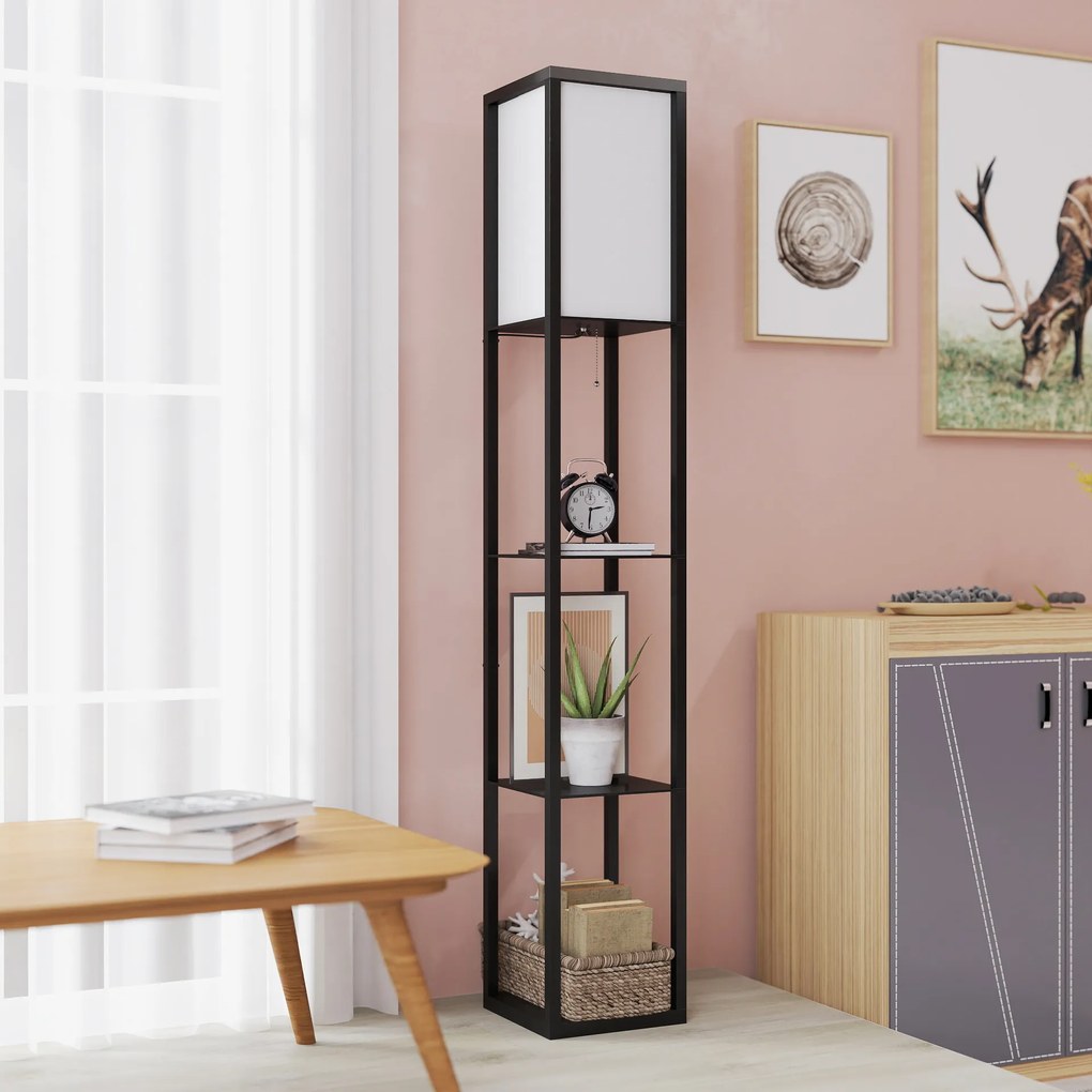 HOMCOM Φωτιστικό Δαπέδου με Ράφια, Φωτιστικό Δαπέδου, Ξύλο, 26 x 26 x 160 εκ., για Σαλόνι/Υπνοδωμάτιο (Χωρίς Λαμπτήρα)