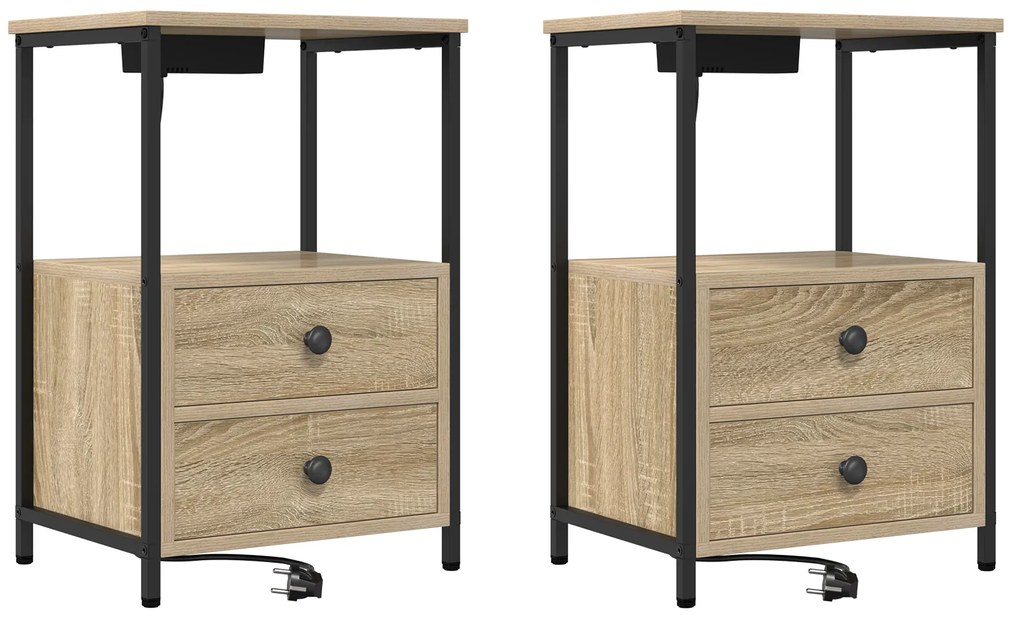 vidaXL Κομοδίνο με Σταθμό Φόρτισης με συρτάρι 2 pcs Sonoma Δρυς