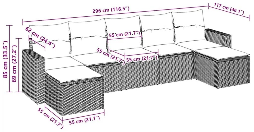 vidaXL Σαλόνι Κήπου Σετ 7 Τεμαχίων Καφέ Συνθετικό Ρατάν με Μαξιλάρια