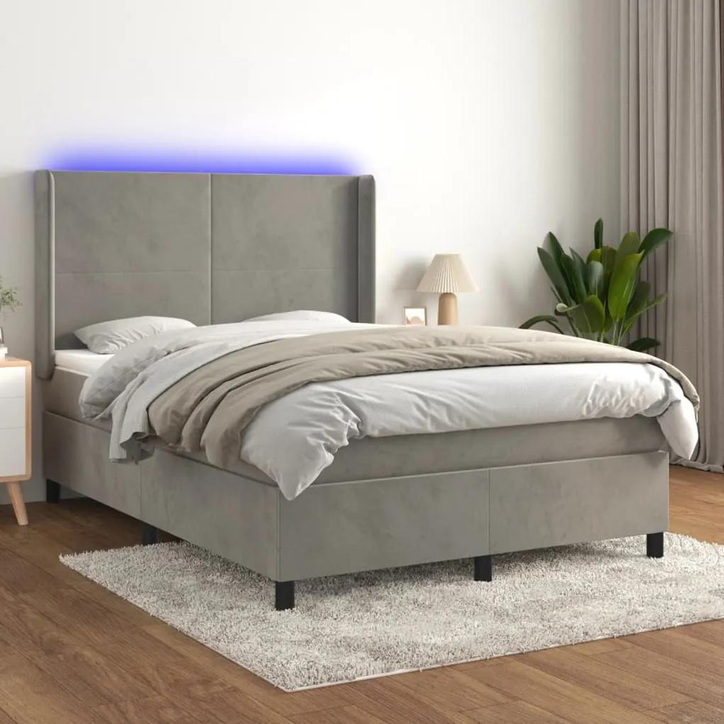 vidaXL Κρεβάτι Boxspring με Στρώμα & LED Αν.Γκρι 140x200 εκ. Βελούδινο