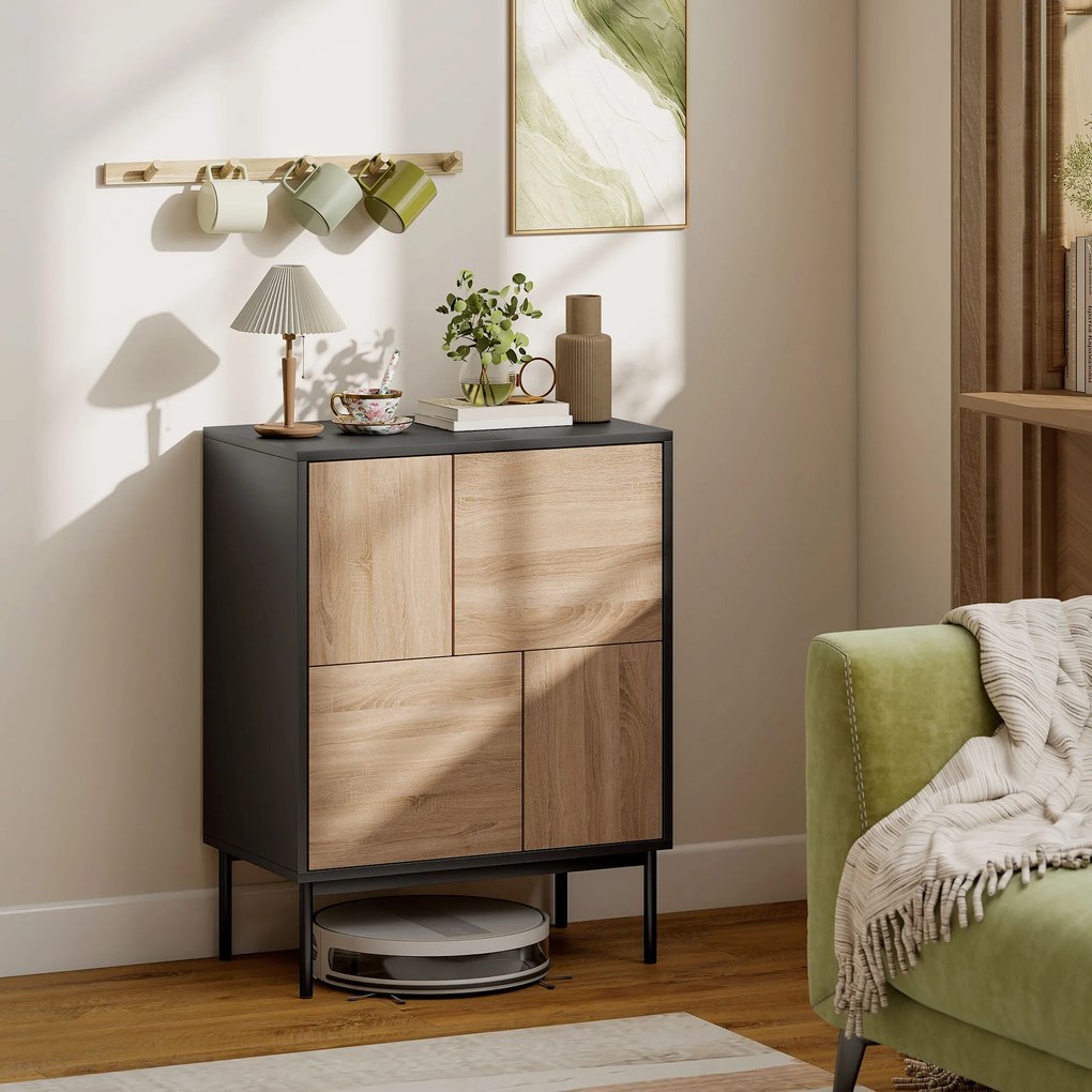 Έπιπλο μπουφές με πόρτες push-to-open, ντουλάπι τραπεζαρίας με μεταλλικά πόδια, ντουλάπι κουζίνας, MDF, Μαύρο+Φυσικό ξύλο