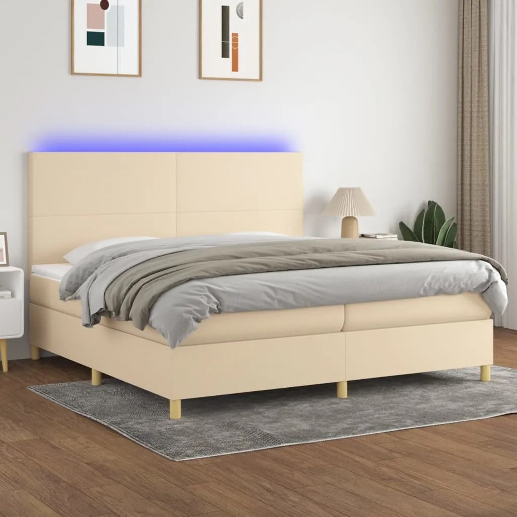 vidaXL Κρεβάτι Boxspring με Στρώμα & LED Κρεμ 200x200 εκ. Υφασμάτινο