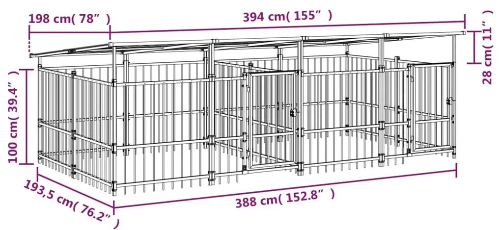 vidaXL Υπαίθριο Κλουβί Σκύλων με Οροφή από Χάλυβα 7,51 μ²