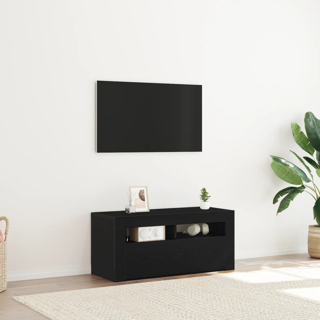 vidaXL Ντουλάπι τηλεόρασης με LED Μαύρη Δρυς 90x35x40 εκ. Επεξεργασμένο ξύλο