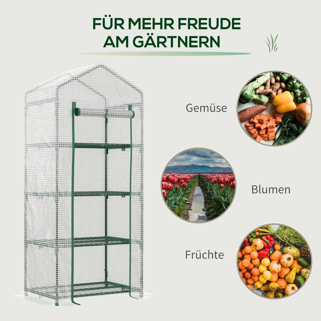 Outsunny Θερμοκήπιο από φιλμ, μίνι θερμοκήπιο, φυτώριο, 4 ράφια, 70 x 50 x 160 cm, λευκό