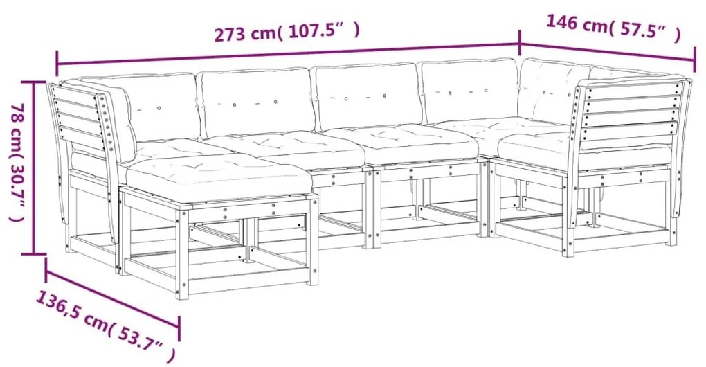 Καναπές Κήπου Σετ 6 Τεμαχίων από Μασίφ Ξύλο Πεύκου με Μαξιλάρια - Καφέ