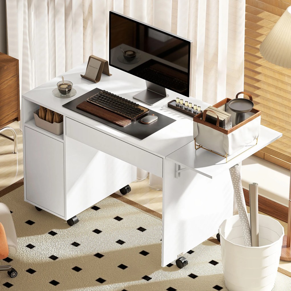 HOMCOM Rolling Computer Desk, Foldable Desk with Cabinet and Drawer, Particleboard, White