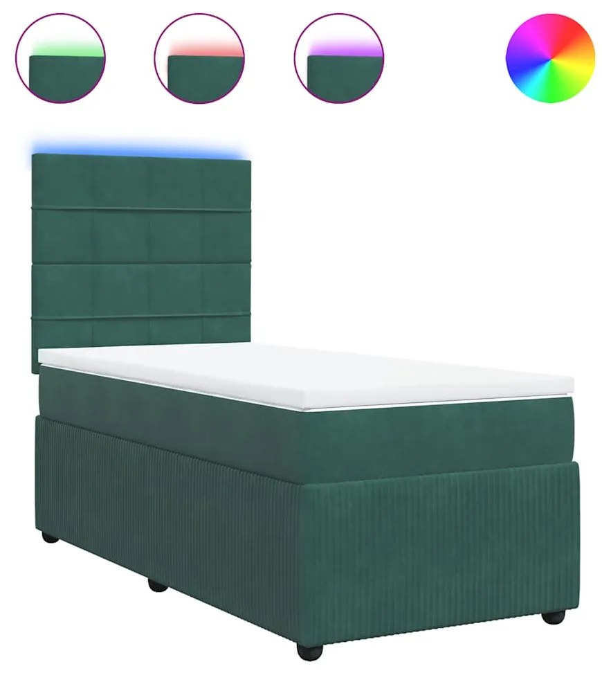 vidaXL Κρεβάτι Boxspring με Στρώμα Σκούρο Πράσινο 90x200 εκ. Βελούδινο