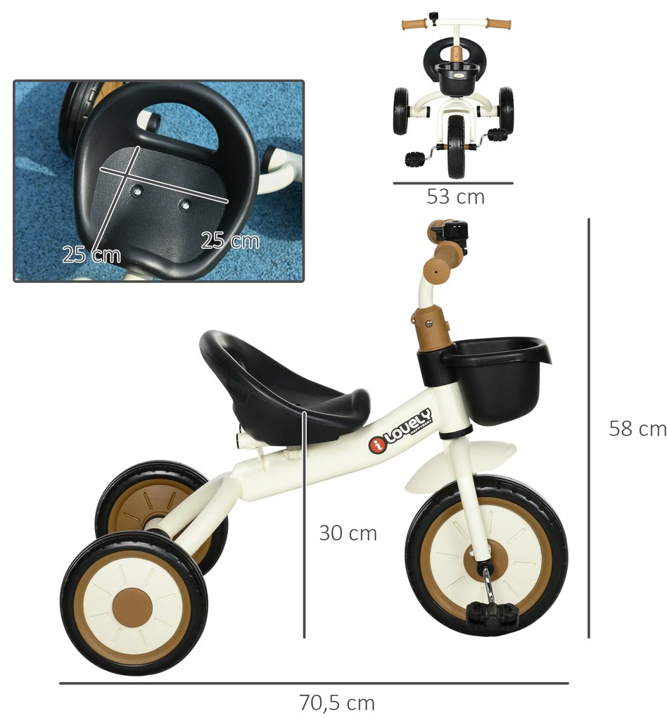 AIYAPLAY Τρίκυκλο για παιδιά 2-5 ετών, ρυθμιζόμενο ύψος καθίσματος, κουδούνι, καλάθι ποδηλάτου, μεταλλικός σκελετός, λευκό