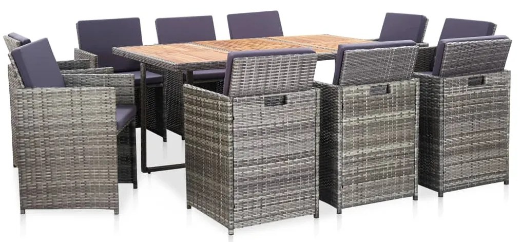 vidaXL Σετ Τραπεζαρίας Εξ. Χώρου 11 τεμ. Γκρι Συνθ. Ρατάν με Μαξιλάρια