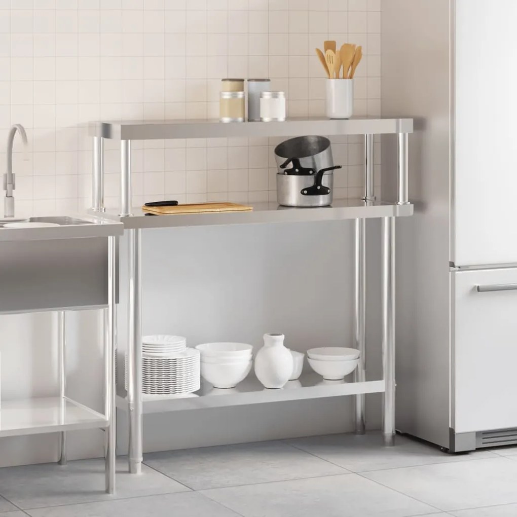 vidaXL Πάγκος Εργασίας Κουζίνας με Ράφι 110x30x120 εκ. Ανοξείδ. Ατσάλι