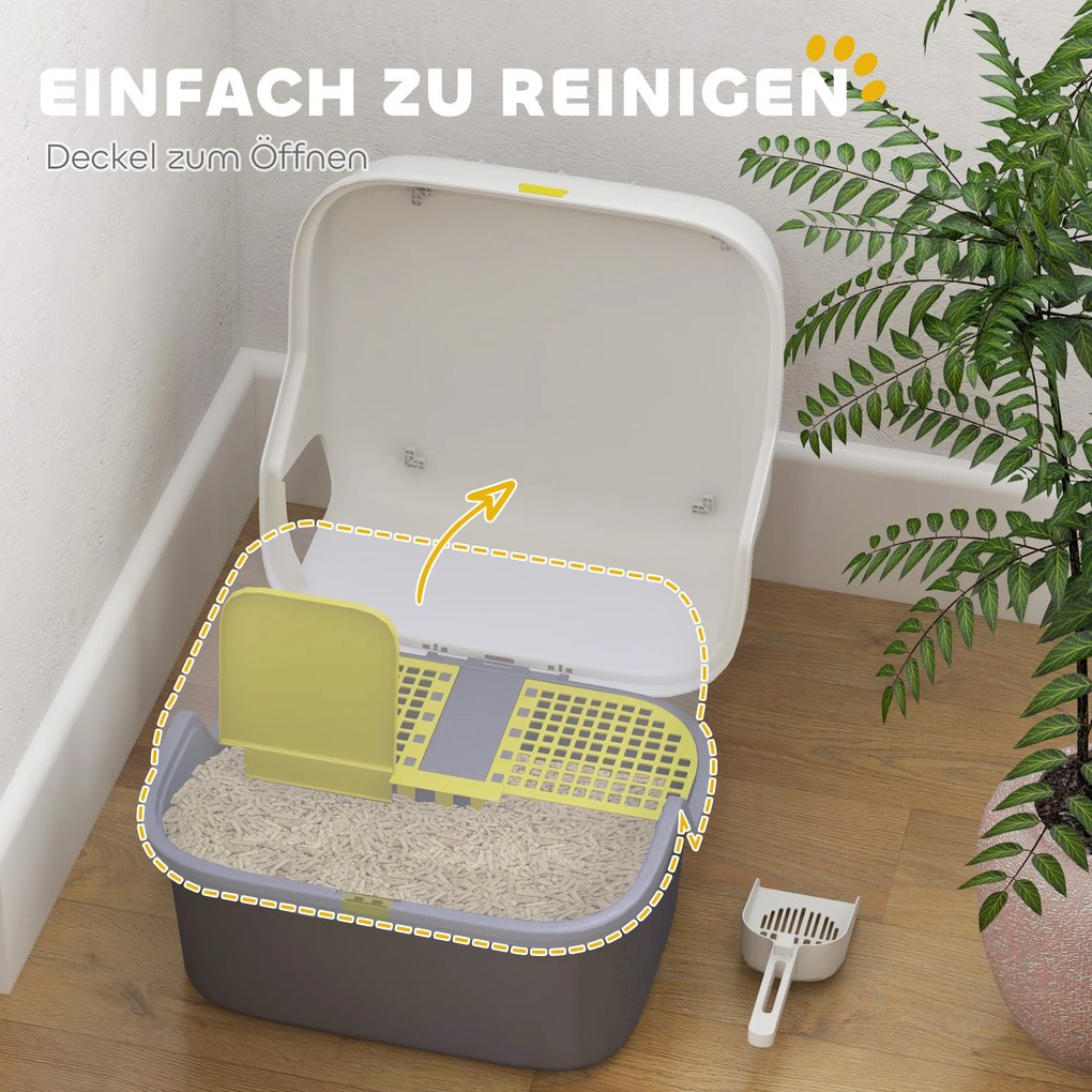 PawHut Τουαλέτα Γάτας, Κουτί Άμμου Γάτας με Κάλυμμα και Φτυάρι, Εύκολο στο Καθάρισμα, Κλειδώνει, Λευκό