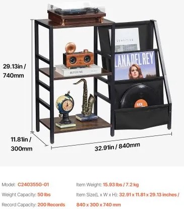 VEVOR 3 Tiers Record Player with LED Light &amp; USB Ports Metal Vinyl Shelf Black