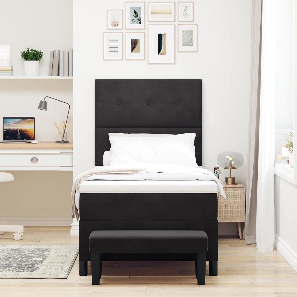 vidaXL Κρεβάτι Box Spring με Στρώμα & Παγκάκι Μαύρο 90x200 εκ Βελούδο