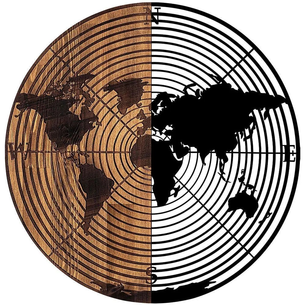 Διακοσμητικό Τοίχου World Map 899SKL2308 Φ56cm Walnut-Black Wallity Μέταλλο,Ξύλο