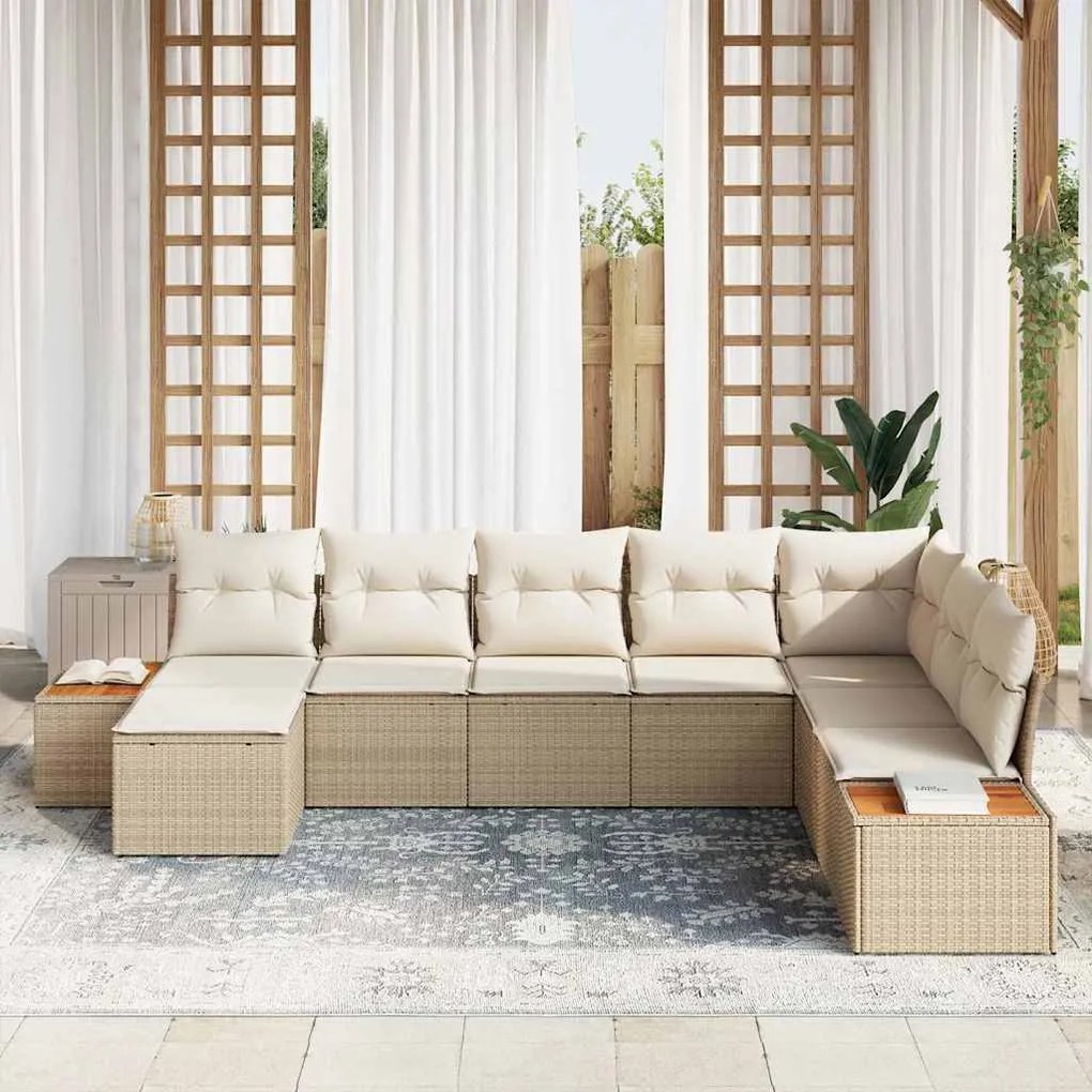 vidaXL Σετ Καναπέ Κήπου με μαξιλάρι 8 pcs Μπεζ Πολυ ράταν