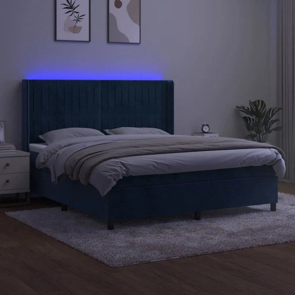 Κρεβάτι Boxspring με Στρώμα &amp; LED Σκ. Μπλε 160x200εκ. Βελούδινο - Μπλε