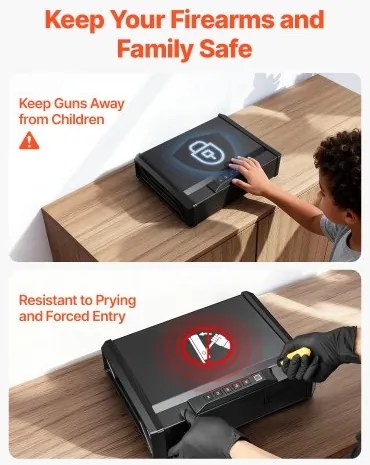 VEVOR Gun Safe, Heavy Duty Handgun Safe with Fingerprint/Password/Key, 3-Way Quick Access Firearm Case Box with Lighting for 2 Pistols & 2 Magazines, Pistol Gun Box for Nightstand Bedside Desk Car