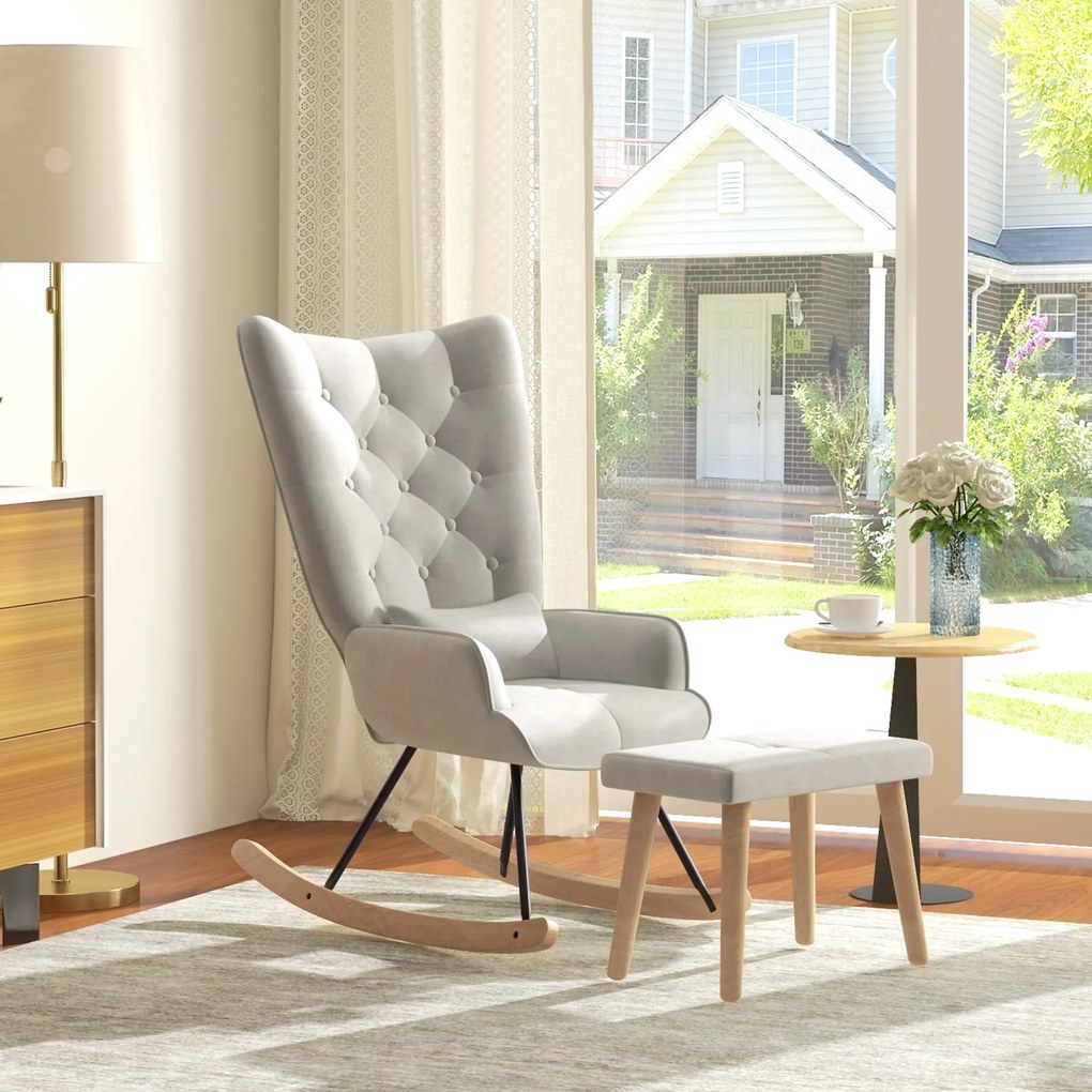 HOMCOM Πολυθρόνα Κουνιστή με Υποπόδιο, Επενδυμένη, Ψηλή Πλάτη, Όψη Βελούδου, έως 150 kg, Κρεμ Λευκό