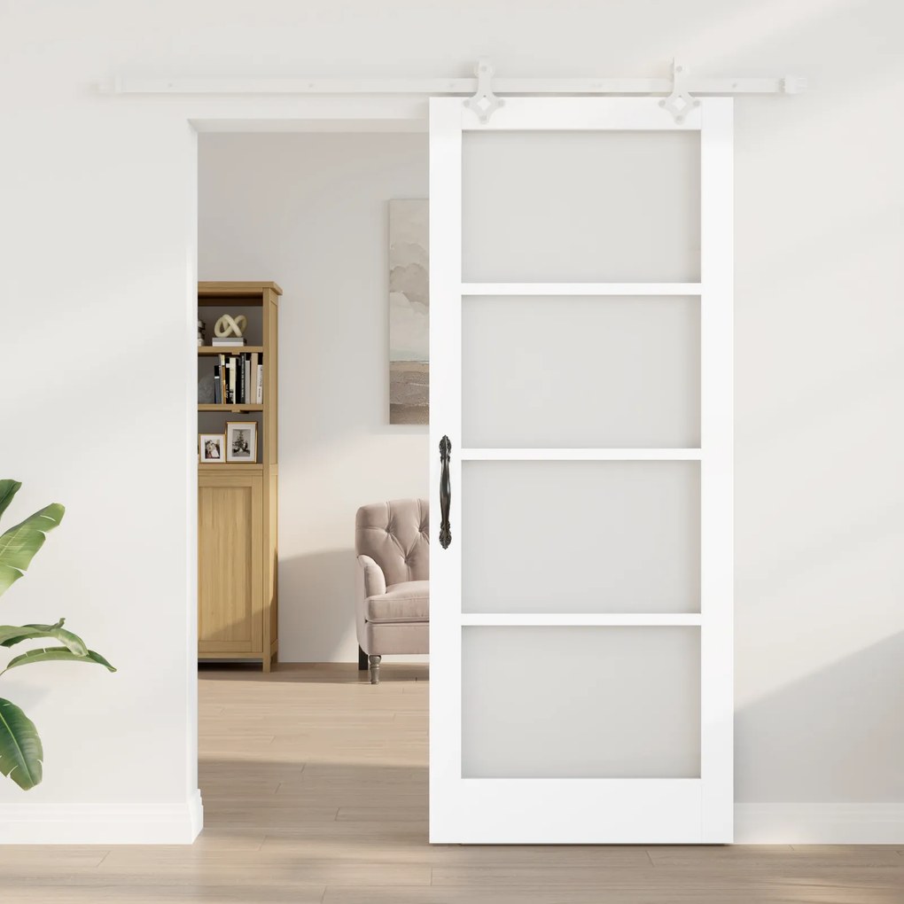 vidaXL Συρόμενη Πόρτα  με Σετ Εξαρτημάτων Λευκή 86x211 εκ. Συμπαγές Ξύλο Πεύκου