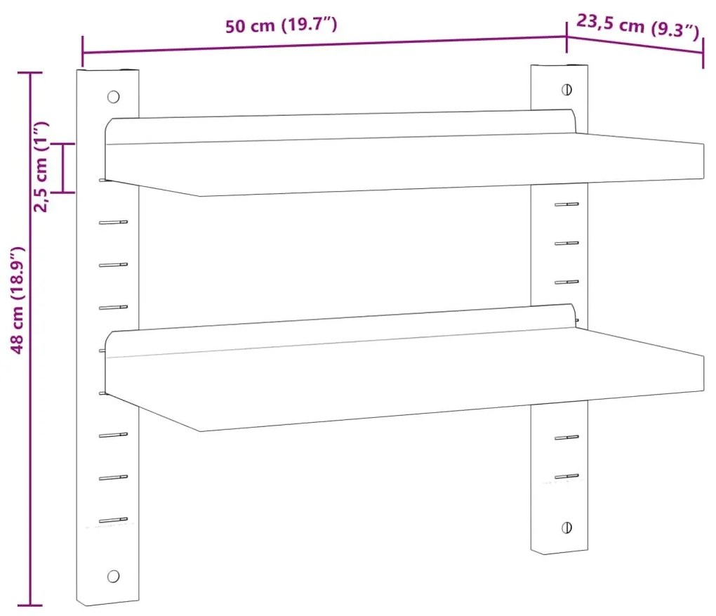 Ράφι Τοίχου 2 Επιπ. Ασημί 50x23,5x48 εκ. Ανοξείδωτο Ατσάλι - Ασήμι