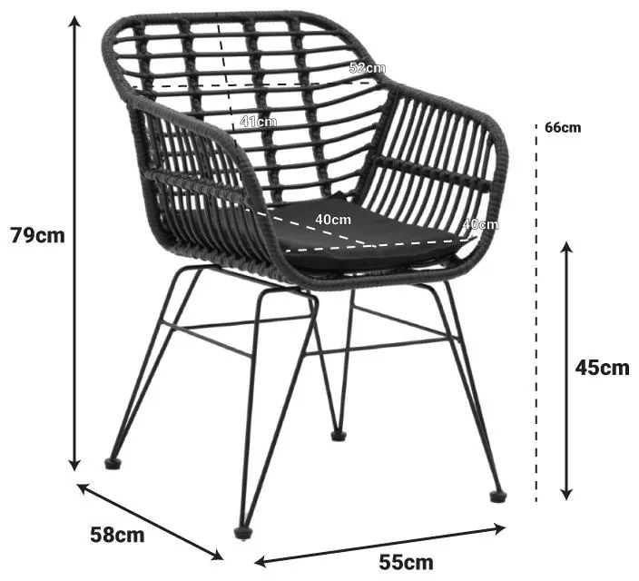 Καρέκλα - Πολυθρόνα Naoki με μαξιλάρι pe μαύρο-μέταλλο μαύρο πόδι 55x58x79 εκ. 55x58x79 εκ.