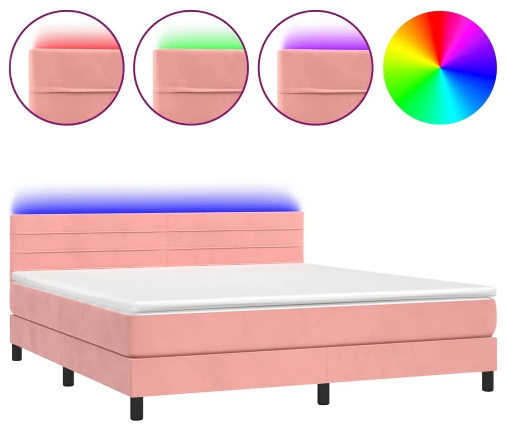 vidaXL Κρεβάτι Boxspring με Στρώμα & LED Ροζ 180x200 εκ. Βελούδινο