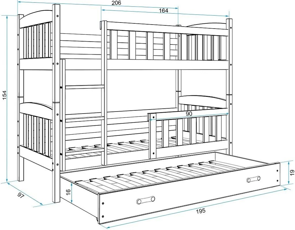 Κουκέτα  Dorian με 3o Κρεβάτι από μασίφ ξύλο Grey  90×200cm (Δώρο τα 3 Στρώματα)